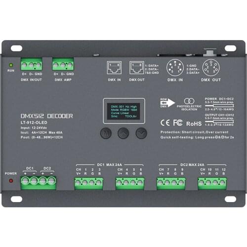 New Led DMX Decoder DC12V -24V input;4A*12CH 48A output 1152W RGB/RGBW Led Strip 12 Channel DMX512 Slave XLR-3/RJ45 Port