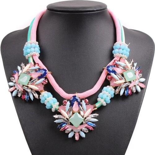 New Fashion Design Rope Chain Necklace Colorful Crystal Resin Pendant Chunky Statement Necklace for Women Choker Collar Jewelry
