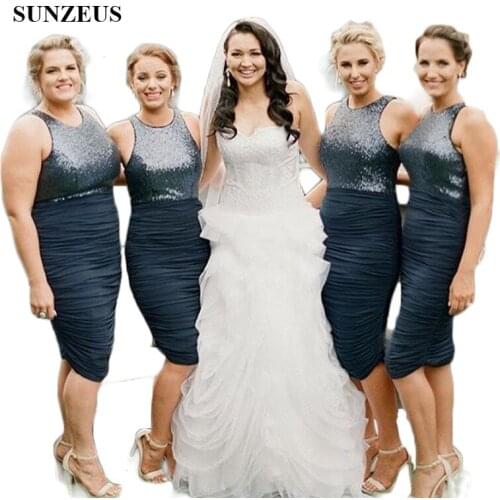 Bridesmaid Dresses Short Knee Length Wedding Guest Gown Sheath Tank Sparkle Bodice Pleated Jersey Party Dress For Bridesmaids