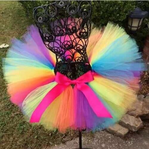 Rainbow Tutu Skirt Baby Girls Handmade Tulle Skirts Ballet Dance Pettiskirts Tutus with Pink Ribbon Bow Kids Party Costume Skirt
