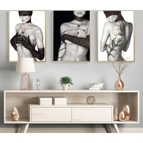 Nordic Naked Sexy Women Pink Rose Canvas Picture Artistic Black and White Poster Print For Living Room Sexy Wall Art Abstract