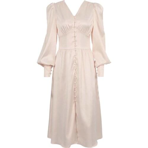 Spring Women Dresses Satin V Neck Bishop Sleeve Long Dress A-Line Dress Button Down High Waist Elegant Party Dress for Wedding