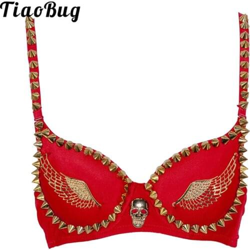 Womens Bralette Rivets Bra Top Gothic Punk Skeleton Rock Style Dance Party Club Top