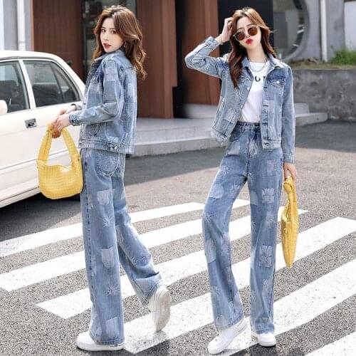 Women 2021 Spring Autumn Denim 2 Piece Set Jeans Suit Female Long Sleeve Jacket Top & Jeans Pants Set Ladies Matching Sets B218