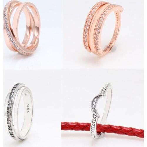 925 sterling silver rose gold Pandora ring reversible heart and crystal ring women wedding party gift fashion jewelry