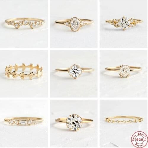 Aide 925 Sterling Silver Gold Single Round Zircon Crystal Rings Women Cubic Zirconia Jeweled Leaf Loop Wedding Engagement Ring