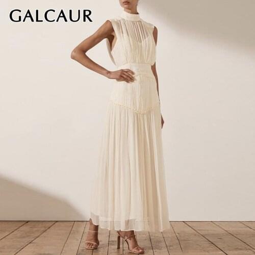 GALCAUR Elegant Dress For Women Stand Collar Sleeveless High Waist Skinny Ruched Party Dresses Female 2021 Autumn Clothing