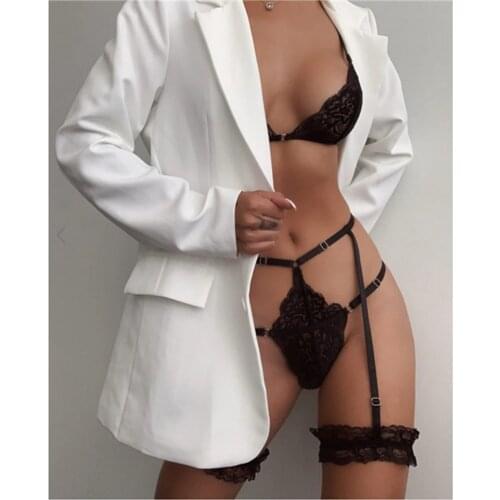 3Pcs Women Erotic Lingerie Sexy Costumes Set Lace Spaghetti Strap V-Neck Bra + Adjustable Straps Panty + Garter Temptation Suit