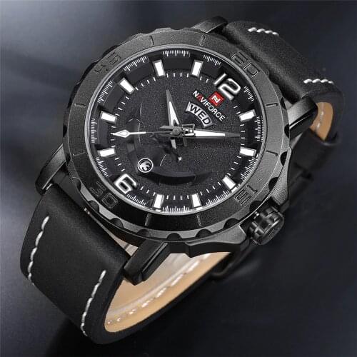NAVIFORCE Mens Watches Top Brand Luxury Sport Quartz-Watch Leather Strap Clock Men Waterproof Wristwatch Relogio Masculino Black