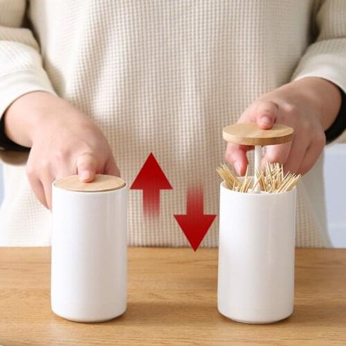 Push-type Toothpick Dispenser Holder White Plastic Press Cotton Swab Holder Box