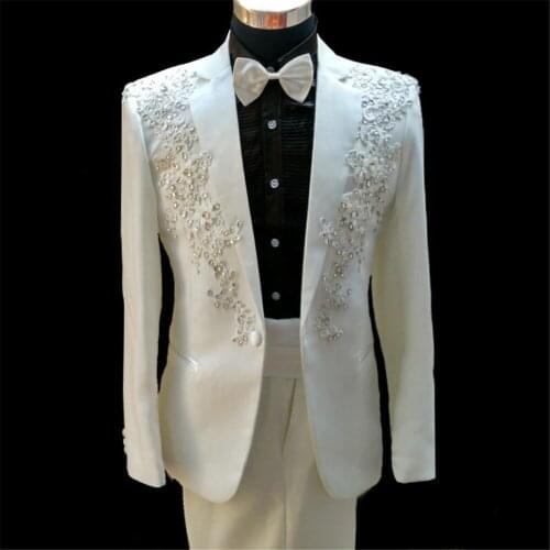 Designer Beading Mens Customized Wedding Tuxedos Appliques Groom Wear Dinner Prom Party Blazer (Jacket+Pants)