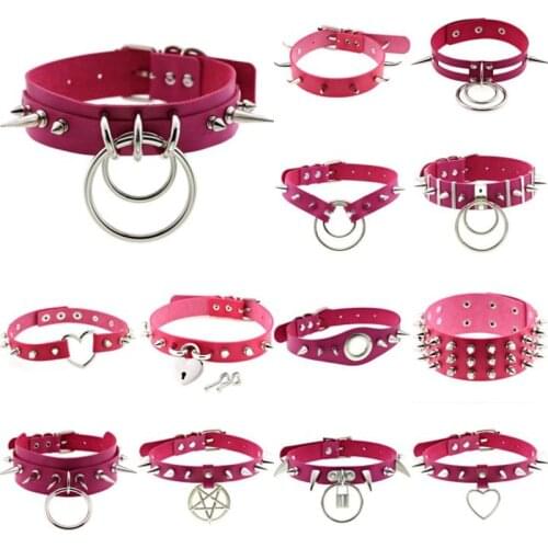 Hot Harajuku Rock Spike Collar Choker Necklaces Women Rose Color PU Leather Choker Punk Goth Neck Festival Jewelry Party Gifts
