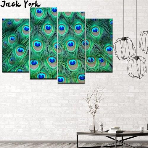 Canvas Painting Peacock Color Wallpaper 4 Pieces Wall Art Painting Modular Wallpapers Poster Print Home Decor free shipping
