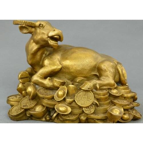 Chinese fengshui old Bronze animal cattle yuanbao Money cow wealth Statue