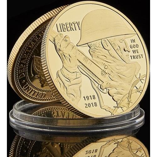 1918-2018 WWI Centennial Commemorative Gold Plated Liberty USA Challenge Coin Collectible