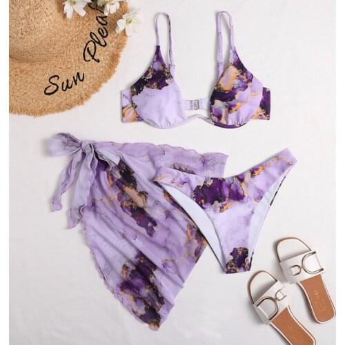 Three-Piece Tie-Dye Print Swimwear Women Bikini Mujer 2021 Summer Mesh Cover Up Beachwear Brazilian Swimsuit Female Bather Suit