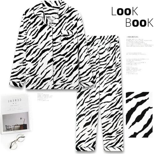 Fashion Horizontal Zebra Womens Pajamas Sets Korean Girl Nightwear Autumn Winter Sexy Turn-down Collar Long Sleeve Sleepwear