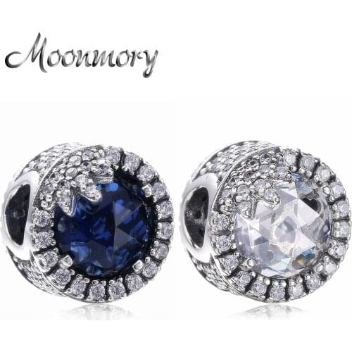 Moonmory White And Blue Radiant Heart Beads Real 925 Sterling Silver Charm With Zircon Bead Fit Brand Snake Bracelet DIY Jewelry