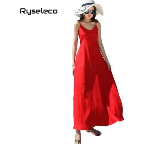 Ryseleco Fashion Boho Summer Spaghetti Strap Slip Dress Women Sexy Backless V-Neck Large Swing A-Line Beach Holiday Long Vestido