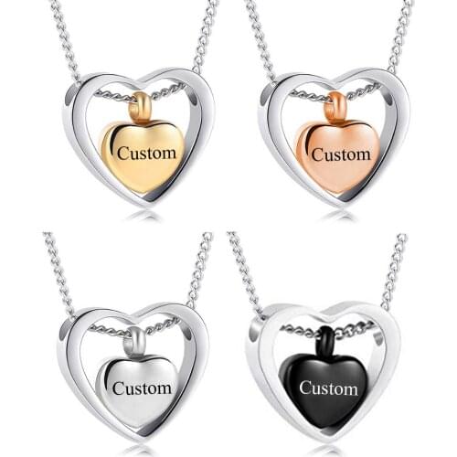 Rose/Gold/Black Double Heart Stainless Steel Cremation Memorial Jewelry Hold Loved Ones Ashes Keepsake Cremation Urn Necklace
