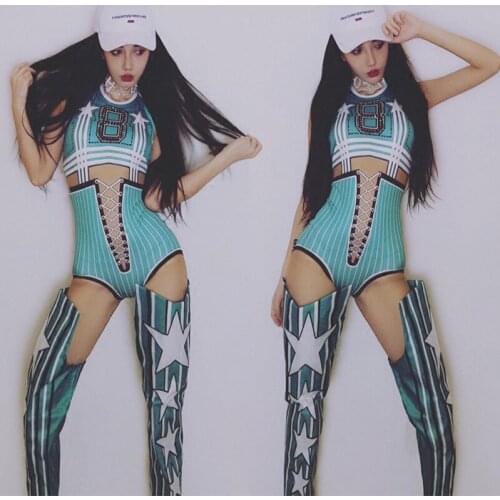 Stage Costumes For Singers Fashion Print Jumpsuit Cheerleader Costume Nightclub Dj Women Birthday Outfit Rave Clothes DNV10705