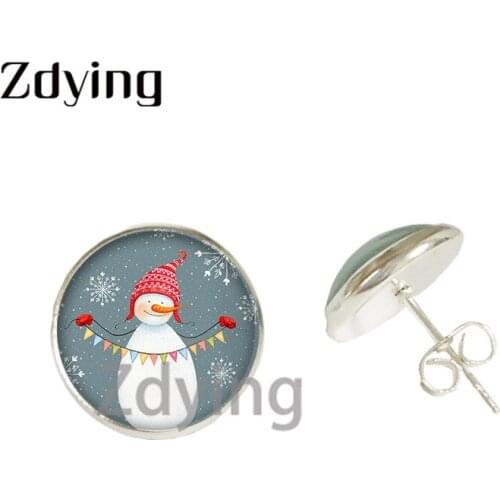 Zdying Cute Snowman Christmas Santa Claus Stud Earring Glass Photo Cabochon Dome For Woman Man Earrings Party Gift SC83