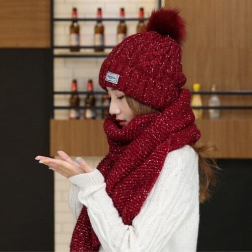 2020 New Fur Pompom Knitted Hat Scarf Winter Warm Children Hat & Scarf for Girls Boys Two Piece Set Warm Beanie