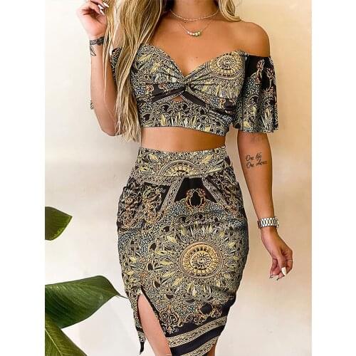 Sheinset Y2K Sexy Tropical Print Twisted Crop Top & Slit Skirt Set Women Floral Dress