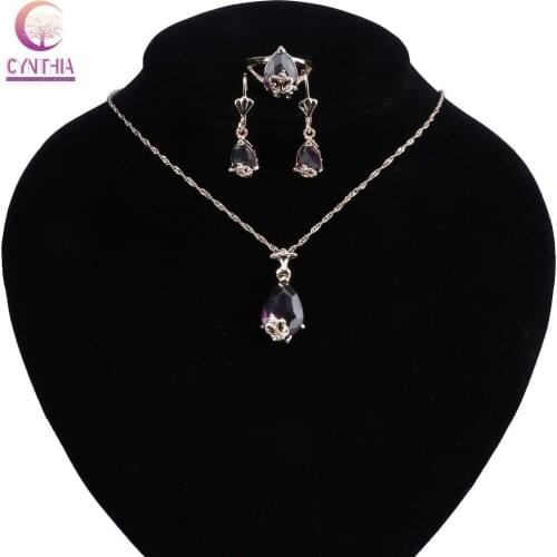 Wedding Jewelry Purple Crystal Rhinestones Water Drop Necklace Earrings Ring set for Women African Bridal Jewelry sets