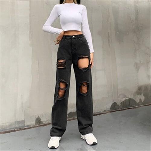 Y2K Black Jeans Ripped Out Denim Pants High Waisted Cargo Pants Women Vintage Korean Style Trousers Streetwear Hot 90S