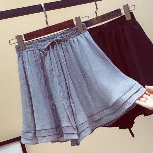 2021 Summer Chiffon Shorts for Women Double Layer High Waist Drawstring Wide Leg Short Pants Casual Loose Korean Ladies Y621