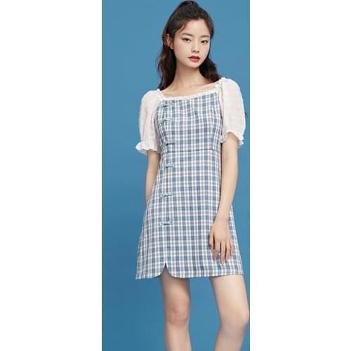 Summer Dress Female Patchwork Casual Womens Dresses Ruffles Short Sleeve Plaid Beach Dress Woman Dresses Summer 2021 Ladies