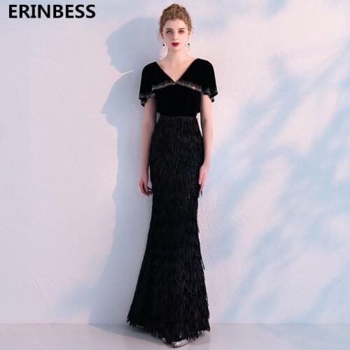 Vestido De Festa Short Sleeve Evening Dresses Long Dress 2019 V-Neck Black Mermaid Evening Dress Elegant Formal Party Gowns