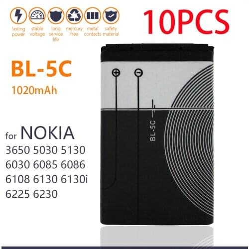 100% 10PCS 1200mah BL-5C BL 5C phone battery For nokia 6600 N70 N71 N72 N91 E60 Smart Phone High Quality Battery+Tracking number