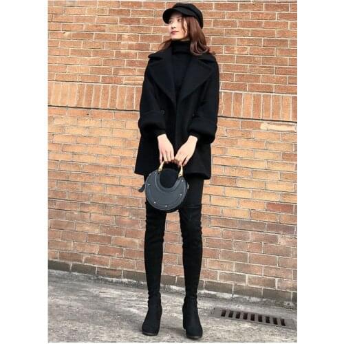 2021 Autumn And Winter Thickening New Korean Version Loose And Thin Black Woolen Coat, Long Woolen All-Match Coat Female
