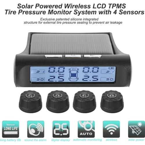 VODOOL Solar Wireless Car TPMS Black White Screen Auto Tire Tyre Pressure Monitoring Temperature Alarm System with 4 Sensors
