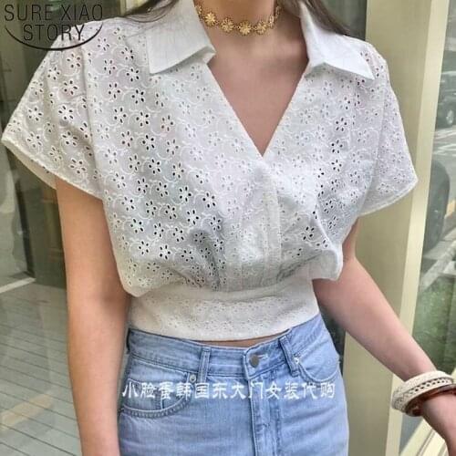 2021 Summer Solid V-neck Blouse Sexy New Hollow Out Women Blouses Tops Blusas Mujer De Moda Short-sleeved Shirt 14789