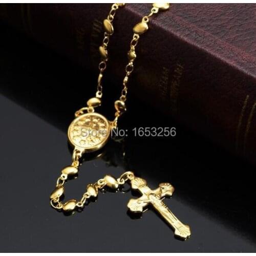 Gold Heart Rosary Chain Stainless Steel religious Jesus Crucifix Cross Necklace Pendant Sweet Women Jewelry