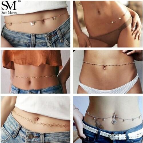 Sexy Belly Waist Chain Butterfly Pearl Bead Charm Pendant Bikini Beach Body Waistband Minimalism Women Jewelry Gold Silver Color