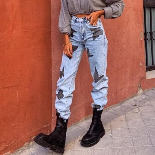 Y2K New Street Style High Waist Slimming Butterfly Print Wide-leg Jeans Patchwork Streetwear Flare Pants Vintage E Girl Denim