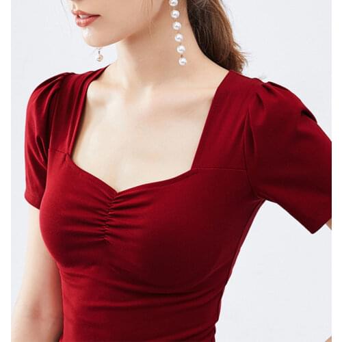 Elegant Summer Vintage Tops Sexy Puff Sleeve Square Collar Womens T Shirts Plus Size Pleated Design Korean Skinny OL Formal Tee