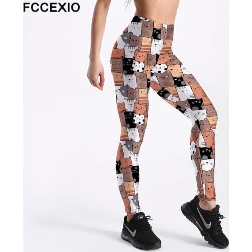 FCCEXIO New Arrival Women Fashion Leggings Cartoon Funny Comic Cat Print High Waist Fitness Leggings Plus Size Workout Pants