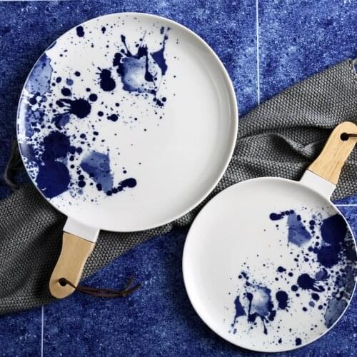 Ceramic plate Hand-painted Western Steak Plates Chinese ink painting tableware Snack bread tray pizza dish with wooden handle