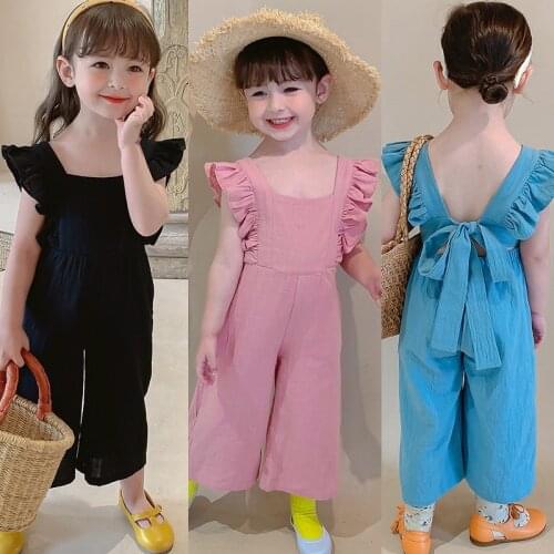 Summer Children Baby Girls Korean Cute Jumpsuit Kids Open Back Sleeveless Overalls Wide Leg Pants 2-7Y