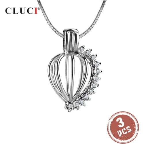 CLUCI 3pcs Silver 925 Sparkling Heart Wish Pearl Locket 925 Sterling Silver Cage Pendants Valentines Gift for Women SC009SB