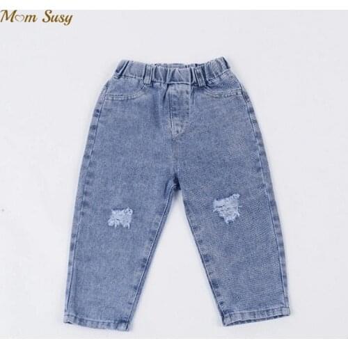 Fashion Baby Boy Girl Cotton Jean Pants Hole Infant Toddler Child Ripped Denim Trousers Baby Loose Pant Clothes 1-7Y