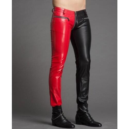 Men Leather Pants New Slim Fashion Personality Color Block Tight-fitting Pants Zipper Bag Plus Size Trousers Singer Costumes