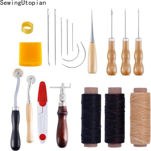 20PCS Leather Craft Tool Kit Hand Stitching Sewing Leather Craft Tool Sewing Saddle Groover Punch Tools Kit Wood