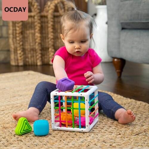 Chunky Shape Blocks Cube Box Bin Toy With Elastic Bands Colorful Sorter Shapes Sorting Matching Educational Toy Recognize Color