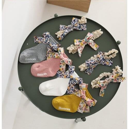 Baby Girls Set Socks Unti Slip Infant Lace Headband Floral Printing Ins Newborn Floor Sock Toddler Bows Hair Accessories 2Pcs